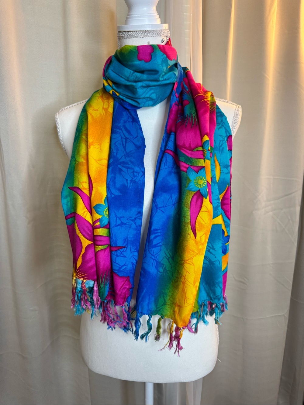 Vibrant Tropical Floral Tassel Scarf Wrap Cruise Wear Blue Pink Yellow 70x22